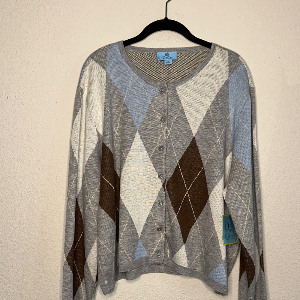 CeCe Argyle Cardigan - Gray, Blue,‎ Brown
